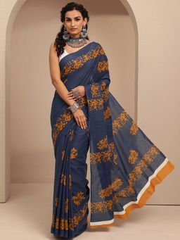 Libas - Navy Blue Ethnic Motif Printed Saree With Unstitched Blouse