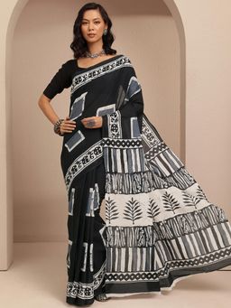 Libas - Black Ethnic Motif Printed Saree With Unstitched Blouse