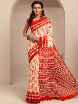 Libas - Beige Ethnic Motif Floral Printed Saree With Unstitched Blouse