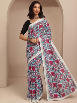 Libas - Blue Floral Printed Saree With Unstitched Blouse