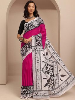 Libas - Pink Printed Border Saree With Unstitched Blouse
