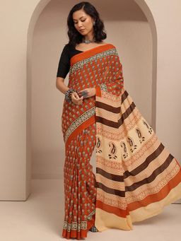 Libas - Rust Floral Motif Printed Saree With Unstitched Blouse