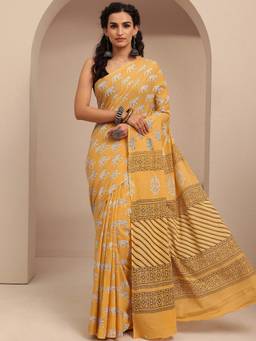Libas - Mustard Animal Printed Saree With Unstitched Blouse