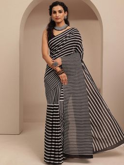 Libas - Black Striped Printed Saree With Unstitched Blouse