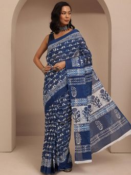 Libas - Navy Blue Abstract Printed Saree With Unstitched Blouse