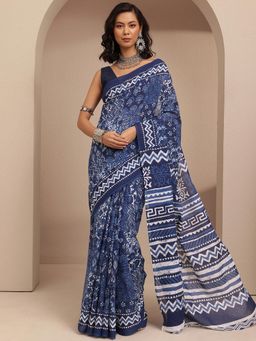 Libas - Navy Blue Ethnic Motif Printed Saree With Unstitched Blouse