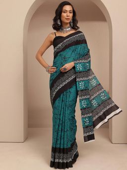 Libas - Teal Abstract Printed Saree With Unstitched Blouse