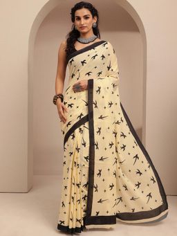Libas - Cream Motifs Printed Saree With Unstitched Blouse