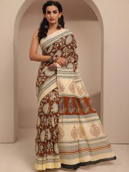 Libas - Brown Tribal Printed Saree With Unstitched Blouse