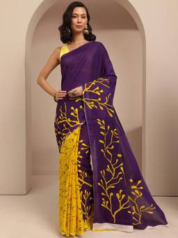 Libas - Purple Floral Printed Saree With Unstitched Blouse