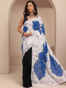 Libas - White Floral Printed Saree With Unstitched Blouse