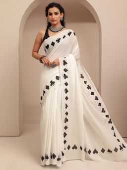 Libas - White Solid With Printed Border Saree With Unstitched Blouse