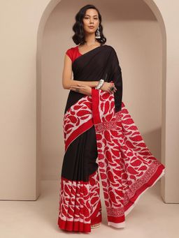 Libas - Black Printed Border Saree With Unstitched Blouse