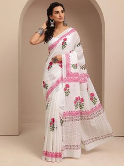 Libas - White Floral Printed Saree With Unstitched Blouse