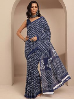 Libas - Navy Blue Ethnic Motif Printed Saree With Unstitched Blouse