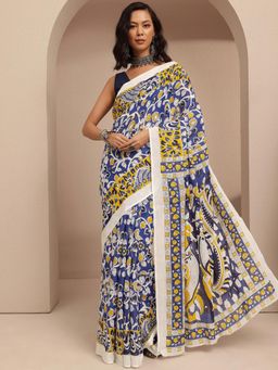 Libas - Blue Floral Printed Saree With Unstitched Blouse