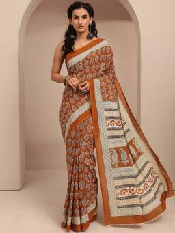 Libas - Brown Ethnic Motif Printed Saree With Unstitched Blouse