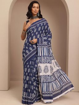 Libas - Navy Blue Ethnic Motif Printed Saree With Unstitched Blouse