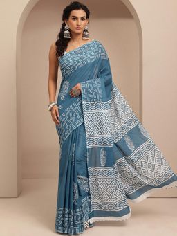Libas - Blue Floral Printed Saree With Unstitched Blouse