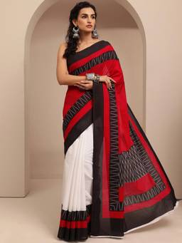 Libas - Red Printed Border Saree With Unstitched Blouse