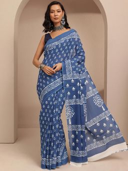 Libas - Blue Floral Motif Printed Saree With Unstitched Blouse