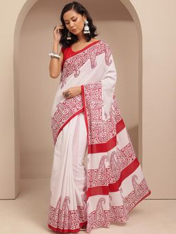 Libas - White Paisley Printed Saree With Unstitched Blouse