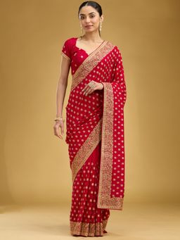 Koskii - Women Zariwork (Gold) Soft Raw Silk Saree With Unstitched Blouse
