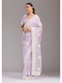 Koskii - Women Pearlwork Tissue Saree With Unstitched Blouse