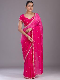 Koskii - Women Aariwork Satin Saree With Unstitched Blouse