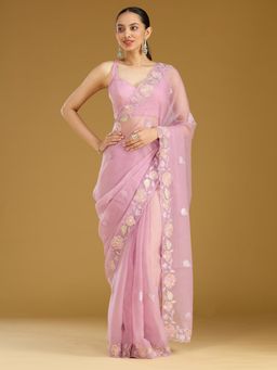 Koskii - Women Threadwork Chiffon Saree With Unstitched Blouse