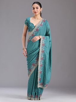Koskii - Women Threadwork Soft Raw Silk Saree With Unstitched Blouse
