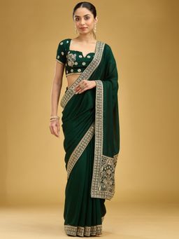 Koskii - Women Zariwork (Gold) Soft Raw Silk Saree With Unstitched Blouse