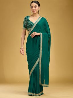 Koskii - Women Zariwork (Silver) Georgette Saree With Unstitched Blouse
