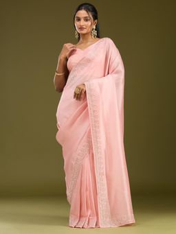 Koskii - Women Pearlwork Tissue Saree With Unstitched Blouse