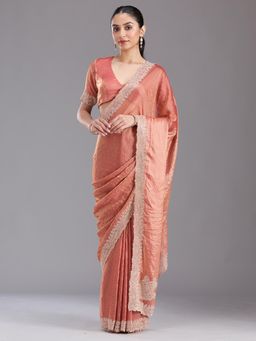 Koskii - Women Stonework (Gold) Tissue Saree With Unstitched Blouse