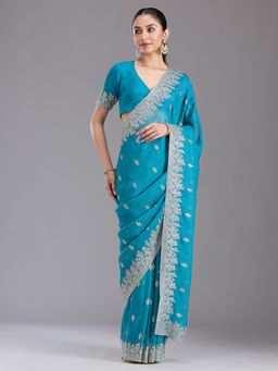 Koskii - Women Threadwork Tissue Saree With Unstitched Blouse