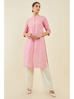 Soch - Women Pink Linen Straight Kurta With Shell Button Embellishments