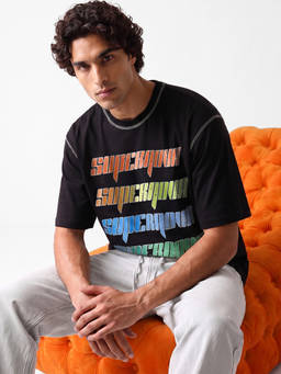 Bewakoof - Men Black Typography Oversized T-shirt