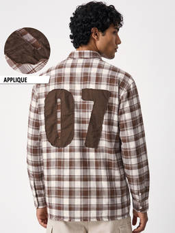 Bewakoof - Men Brown and Off White Checked Applique Relaxed Fit Shirt