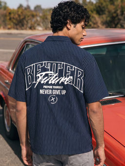 Bewakoof - Men Navy Blue Striped Typography Oversized Shirt