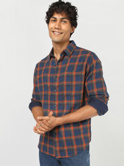 Bewakoof - Men Blue and Rust Orange Checked Shirt