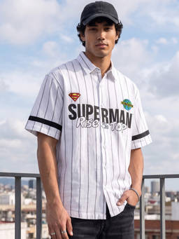 Bewakoof - DC Men White Superman Typography Striped Oversized Shirt