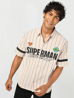 Bewakoof - DC Men Beige Superman Typography Striped Oversized Shirt