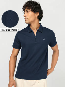 Bewakoof - Men Navy Blue Textured Mercerized Polo T-shirt