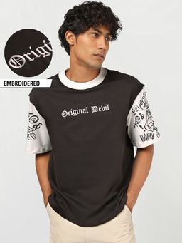 Bewakoof - Men Brown Embroidered Oversized T-shirt