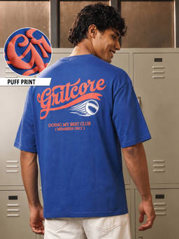 Bewakoof - Men Blue Gritcore Typography Oversized T-shirt