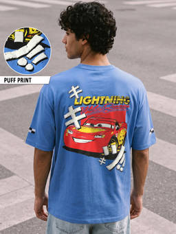 Bewakoof - Disney Men Blue Lightning McQueen Graphic Printed Oversized T-shirt