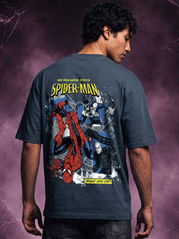 Bewakoof - Marvel Men Grey Spiderman Graphic Printed Oversized T-shirt