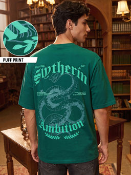 Bewakoof - Harry Potter Men Green Crest Slytherin Graphic Printed Oversized T-shirt