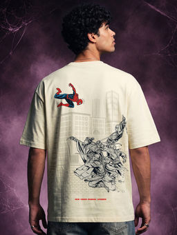 Bewakoof - Marvel Men Beige Spiderman Iconic Graphic Printed Oversized T-shirt